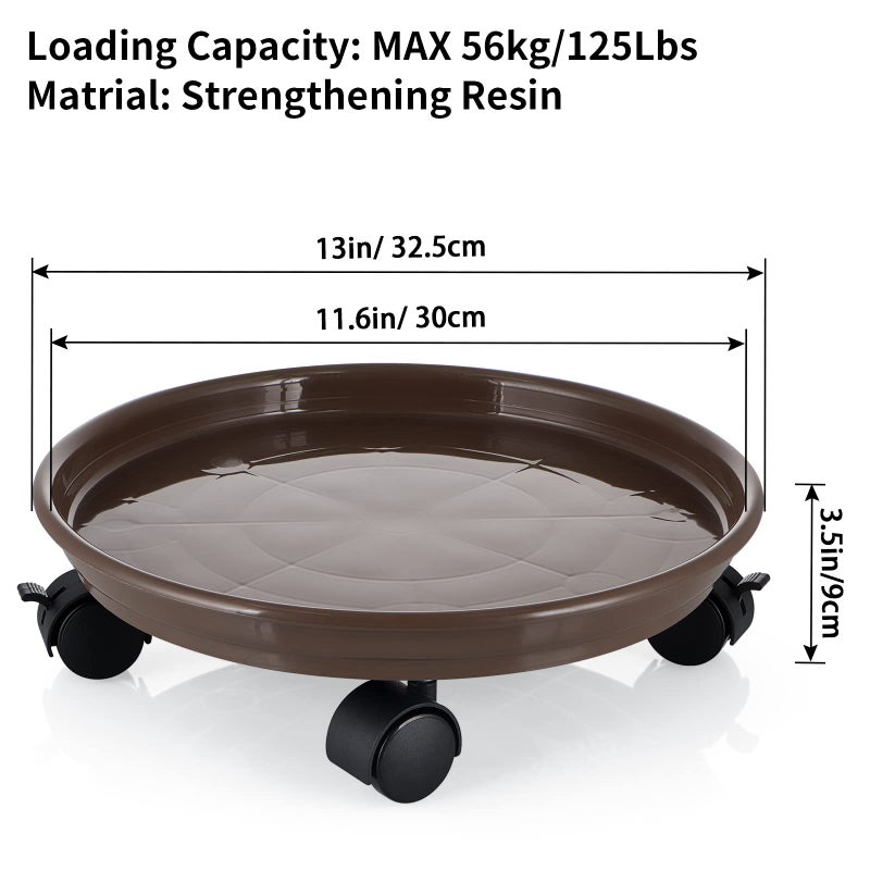 Skelang 13" Plant Caddy, Movable Plant Stand Pot Saucer, Plant Pallet Tray Trolley with Casters, Plant Dolly for Garden Planter, Deck Potted Plant, Each Load Capacity 125 Lbs, Pack of 2 (Brown) - Image 3